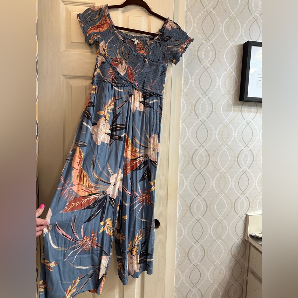 Patrons of Peace Blue Cream and Orange Floral Smocked Top Junpsuit